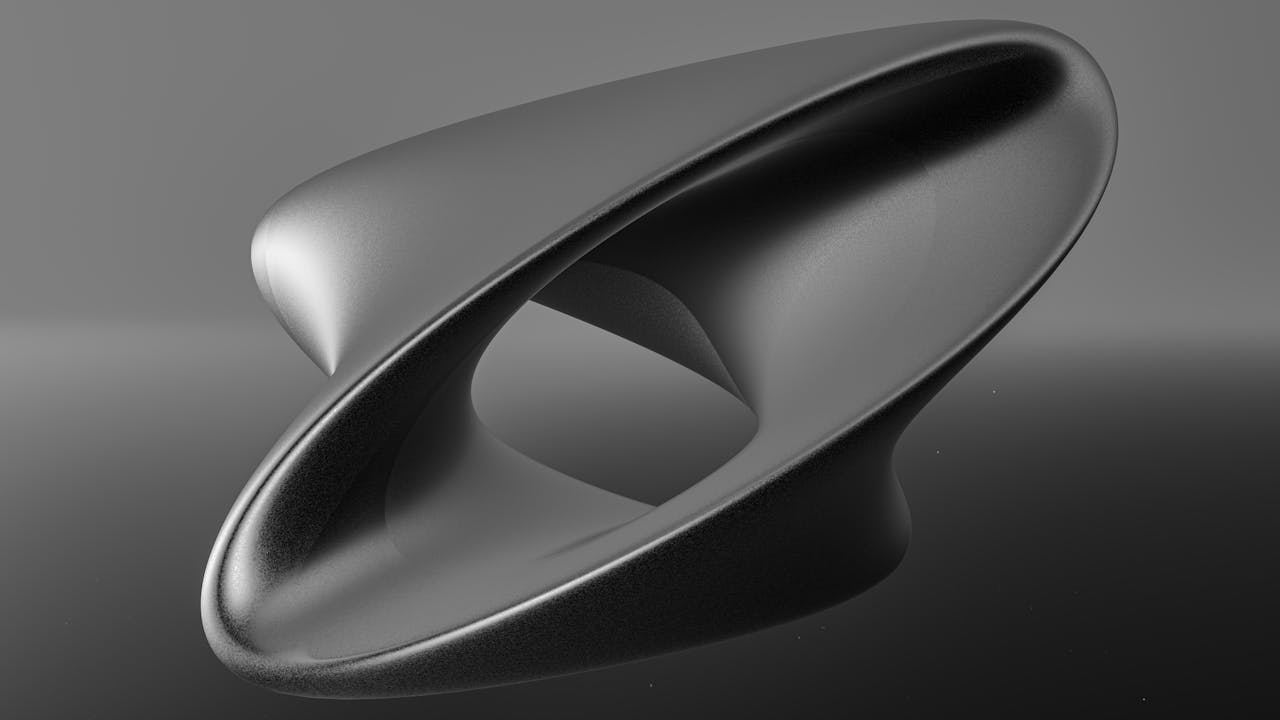 Sleek 3D rendering of a futuristic abstract geometric sculpture with smooth curves.